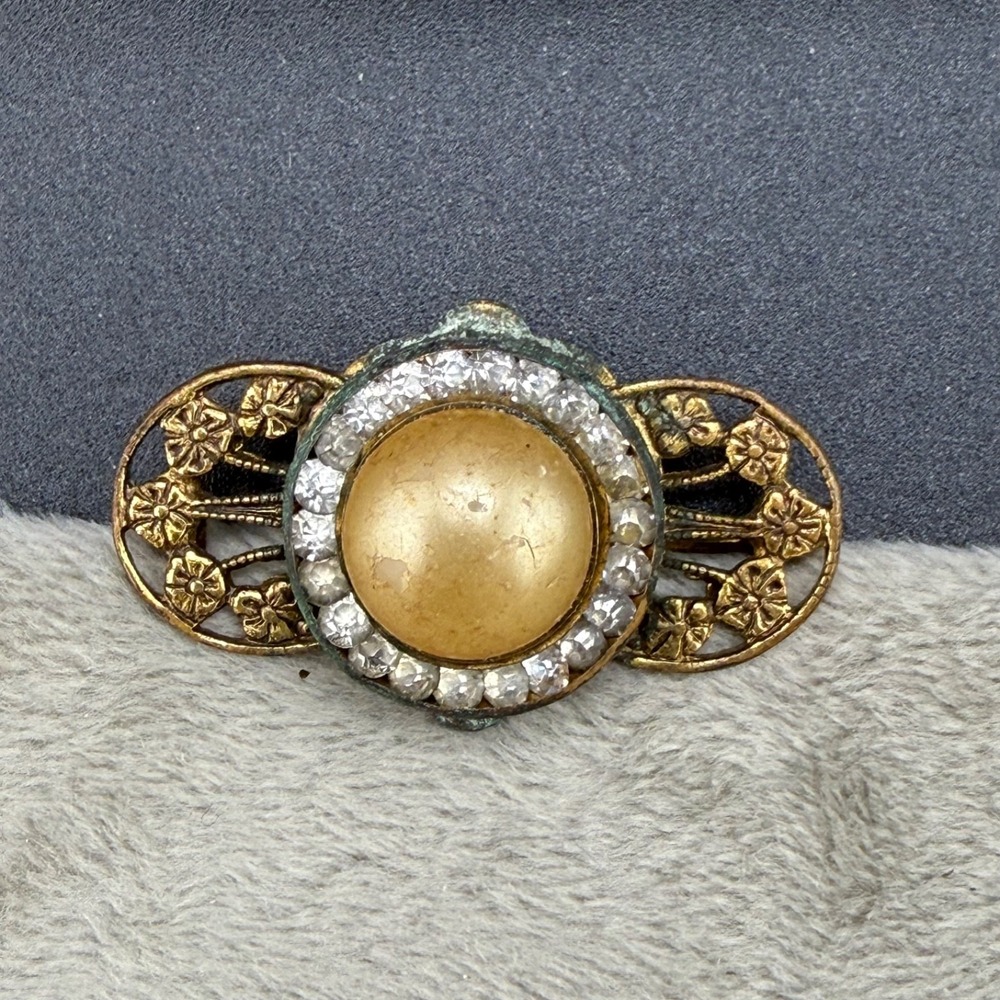 Vintage Estate Brooch Gold Tone Rhinestone Faux Pearl Floral Filigree Pin